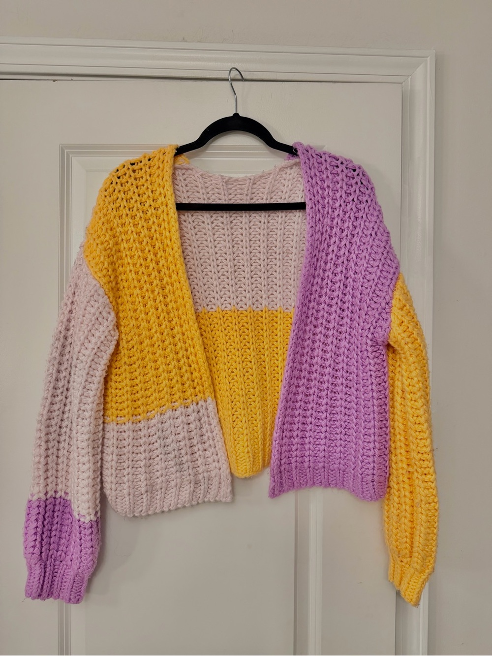 Colorblock Chunky Knit Cardigan - Yellow Lilac Cream